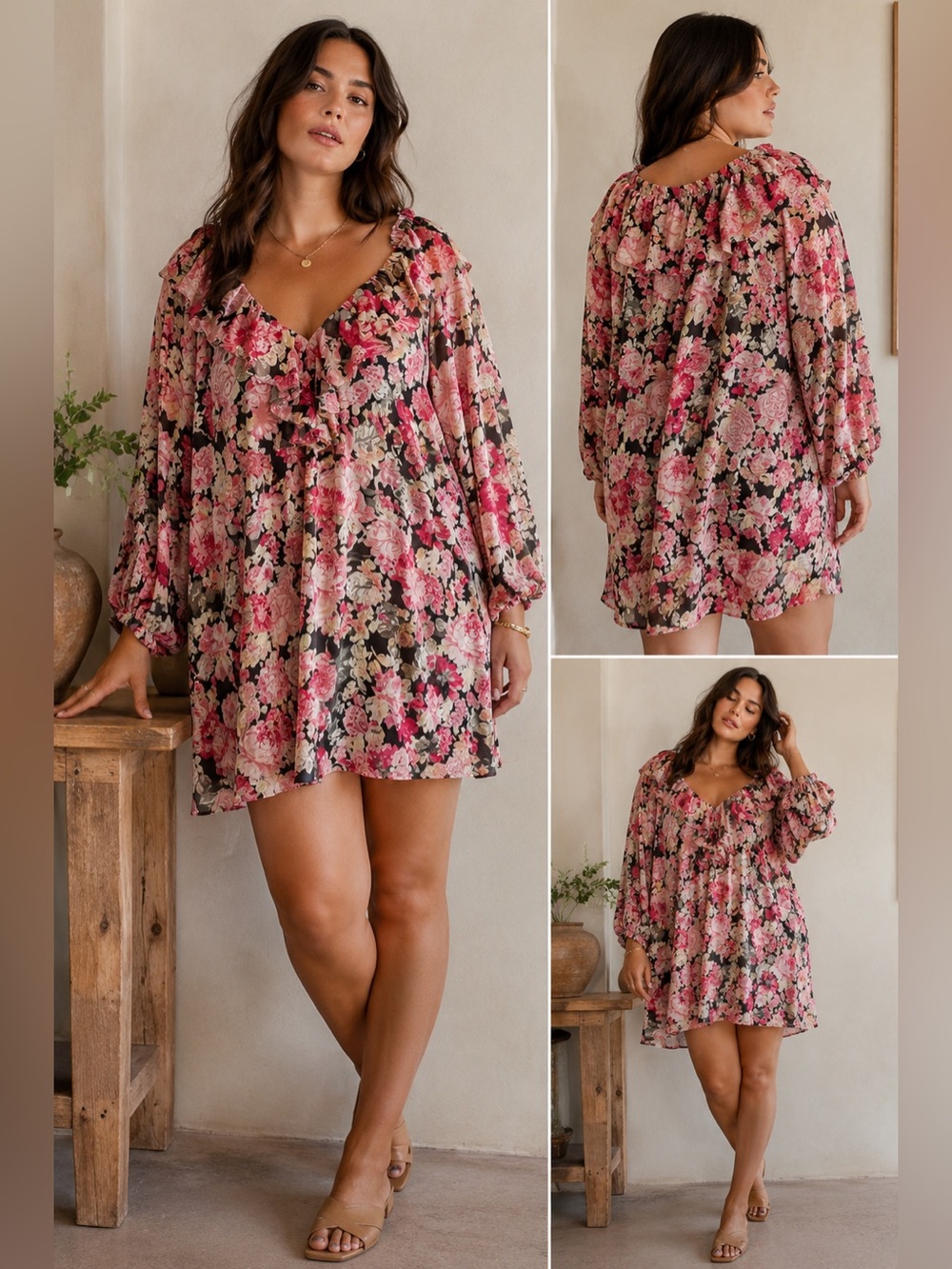 House of Harlow 1960 romantic boho balloon sleeve mini in pink roses L nwt